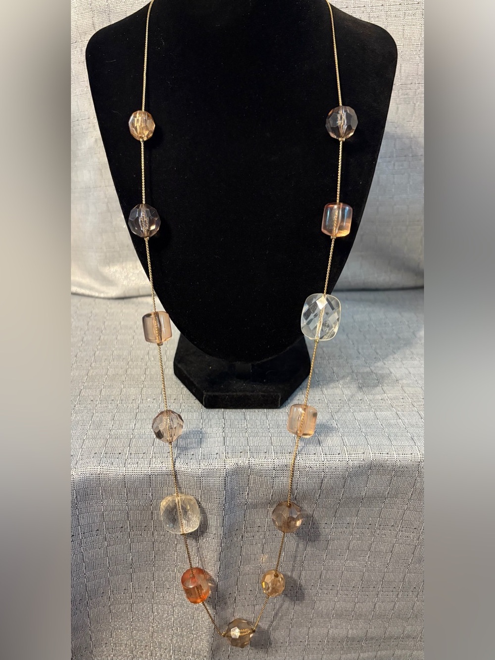 Elegant Long Beaded Necklace in Champagne and Clear Glass Beads